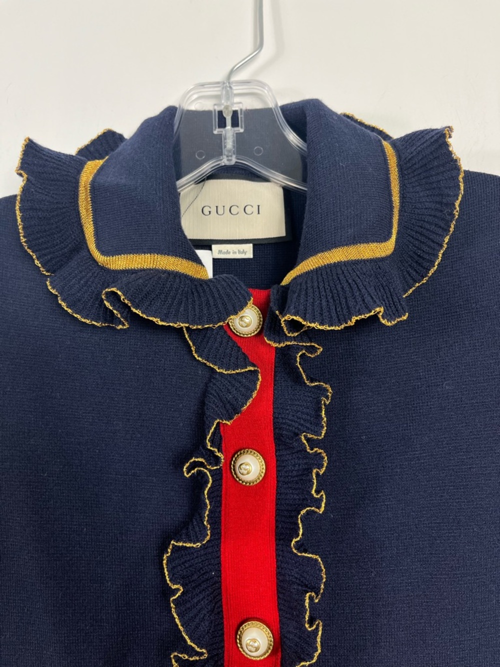 Gucci Pearl Embellished Ruffled Wool Blend Mini Dress Size Small NWT Navy - Picture 6 of 11
